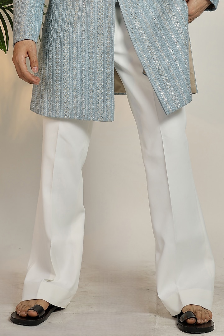 Sky Blue Raw Silk Zari & Thread Embroidered Wedding Indowestern Set by Bharat Reshma at Pernia's Pop Up Shop