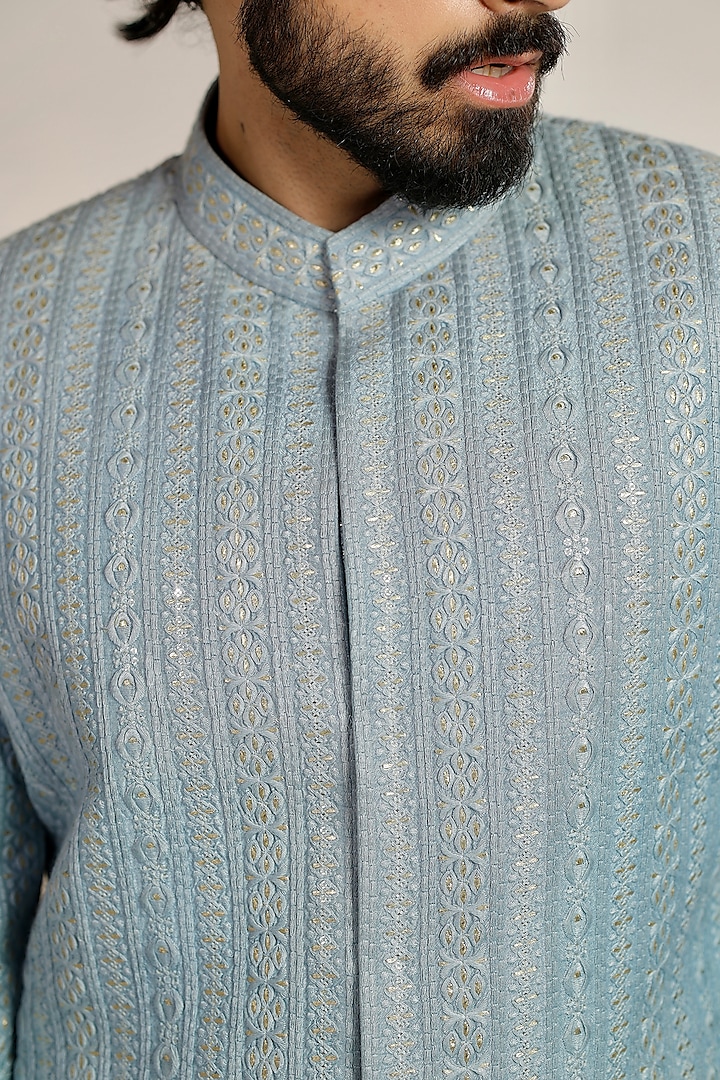 Sky Blue Raw Silk Zari & Thread Embroidered Wedding Indowestern Set by Bharat Reshma at Pernia's Pop Up Shop