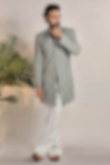 Grey Jacquard Sequin & Pearl Embellished Wedding Indowestern Set by Bharat Reshma at Pernia's Pop Up Shop