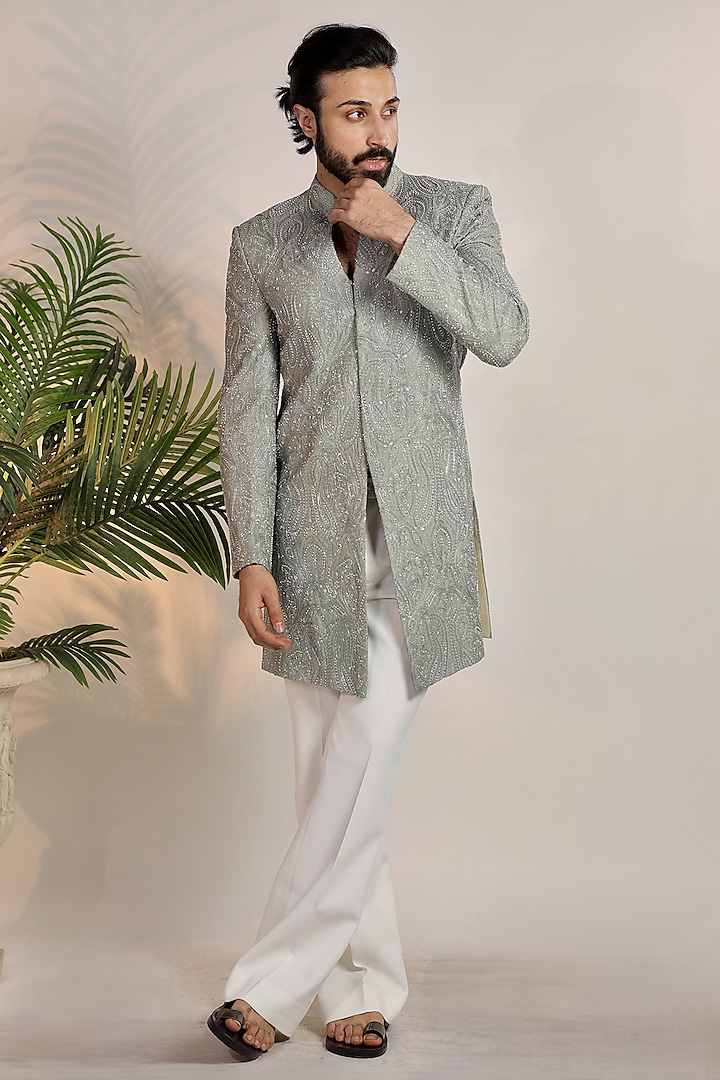 Grey Jacquard Sequin & Pearl Embellished Wedding Indowestern Set by Bharat Reshma at Pernia's Pop Up Shop