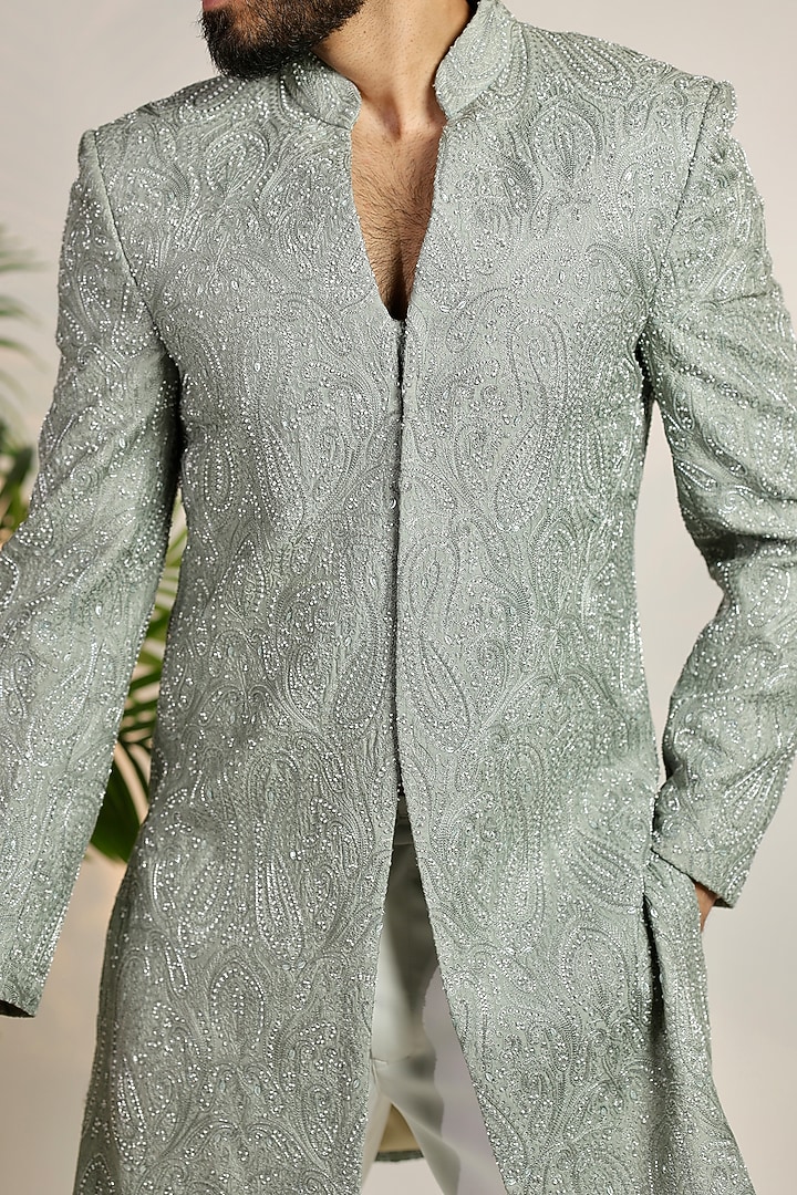 Grey Jacquard Sequin & Pearl Embellished Wedding Indowestern Set by Bharat Reshma at Pernia's Pop Up Shop