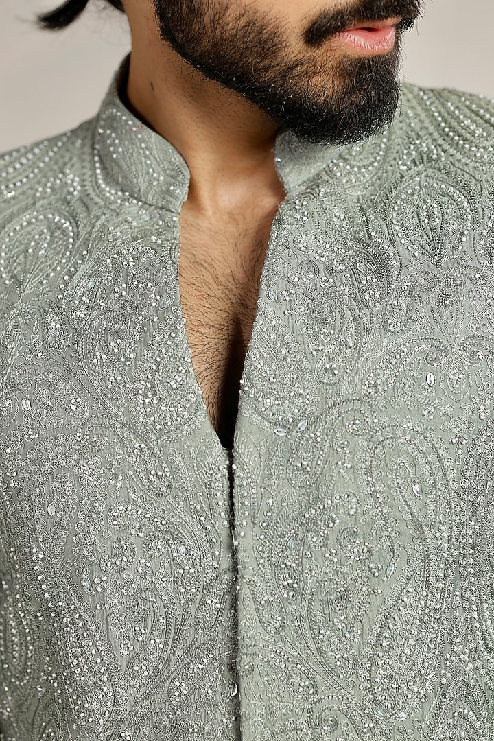 Grey Jacquard Sequin & Pearl Embellished Wedding Indowestern Set by Bharat Reshma at Pernia's Pop Up Shop