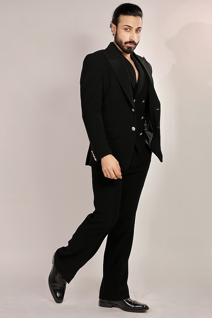 Black Magna Suiting Fabric Tuxedo Set by Bharat Reshma at Pernia's Pop Up Shop
