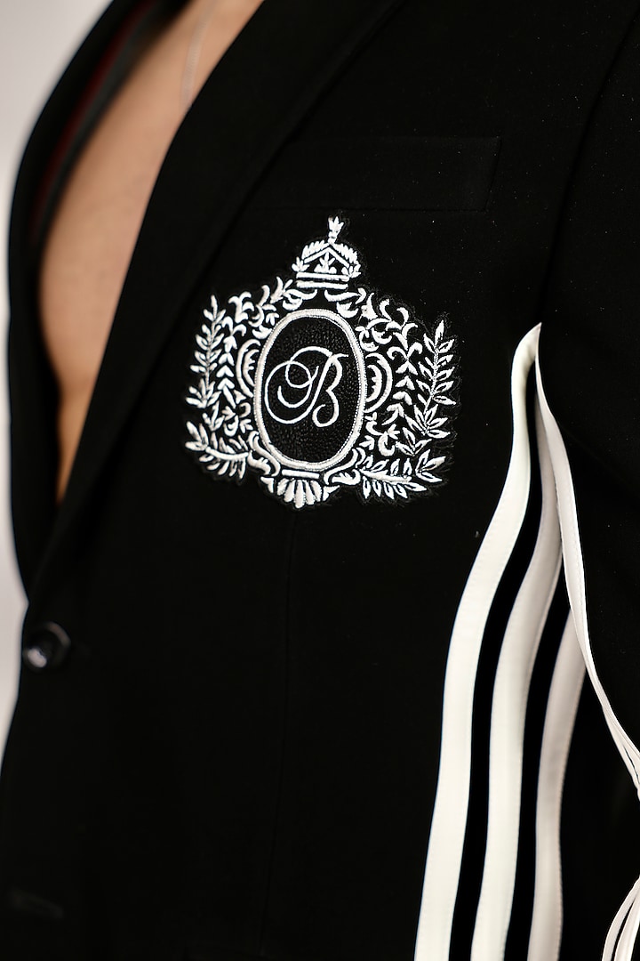 Black Magna Suiting Fabric Hand Embroidered Tuxedo Set by Bharat Reshma at Pernia's Pop Up Shop
