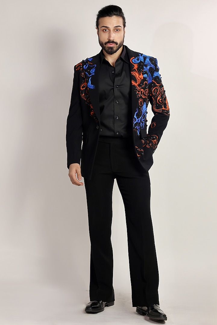 Black Magna Suiting Fabric Cutdana Embroidered Tuxedo Set by Bharat Reshma