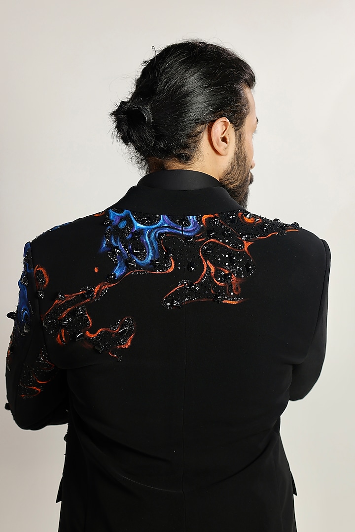 Black Magna Suiting Fabric Cutdana Embroidered Tuxedo Set by Bharat Reshma at Pernia's Pop Up Shop