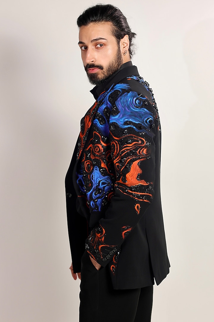 Black Magna Suiting Fabric Cutdana Embroidered Tuxedo Set by Bharat Reshma at Pernia's Pop Up Shop