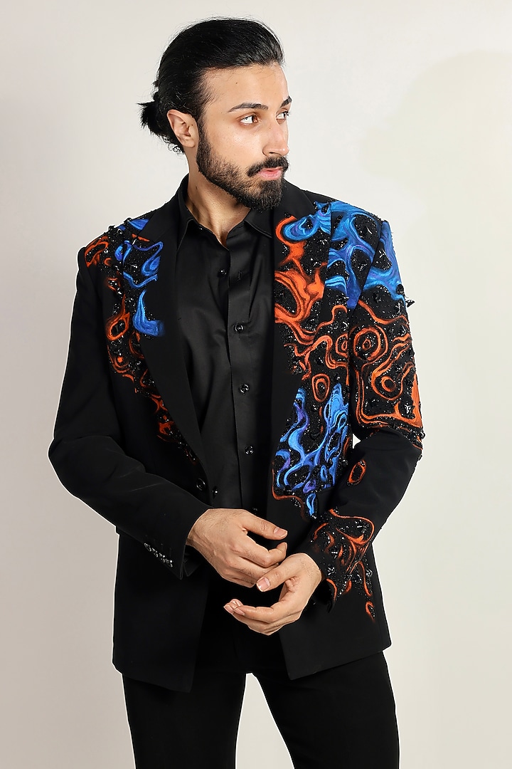 Black Magna Suiting Fabric Cutdana Embroidered Tuxedo Set by Bharat Reshma at Pernia's Pop Up Shop