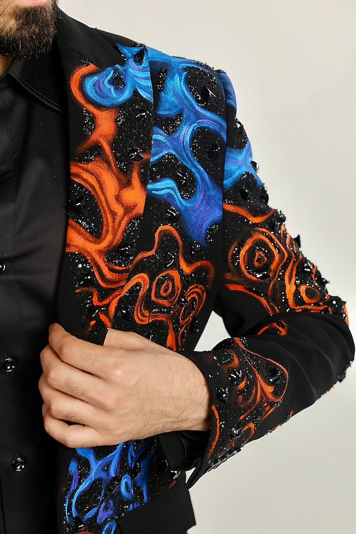 Black Magna Suiting Fabric Cutdana Embroidered Tuxedo Set by Bharat Reshma at Pernia's Pop Up Shop