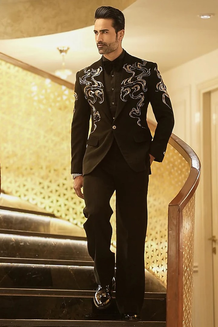 Black Magna Cutdana Hand Embroidered Tuxedo Set by Bharat Reshma at Pernia's Pop Up Shop