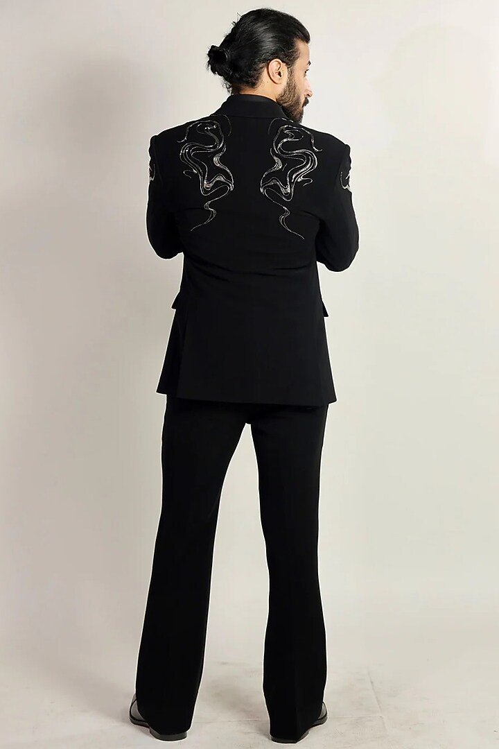 Black Magna Cutdana Hand Embroidered Tuxedo Set by Bharat Reshma at Pernia's Pop Up Shop
