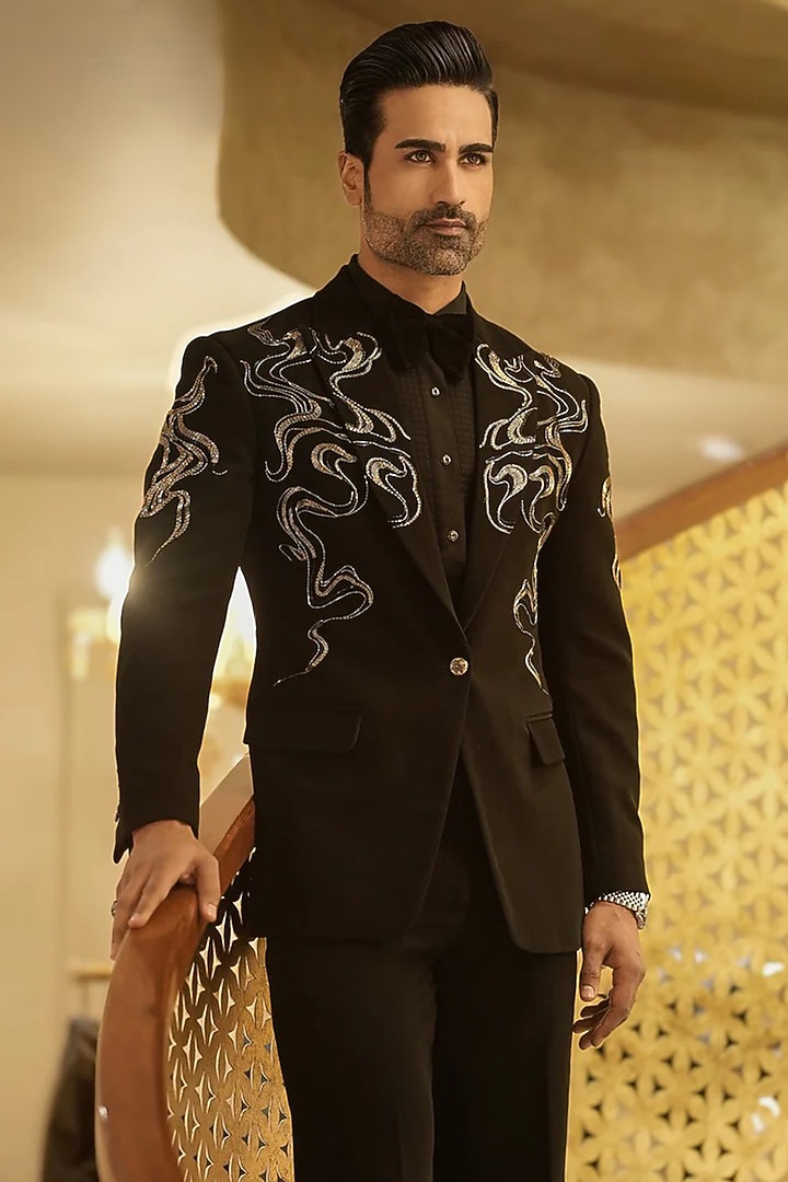 Black Magna Cutdana Hand Embroidered Tuxedo Set by Bharat Reshma at Pernia's Pop Up Shop