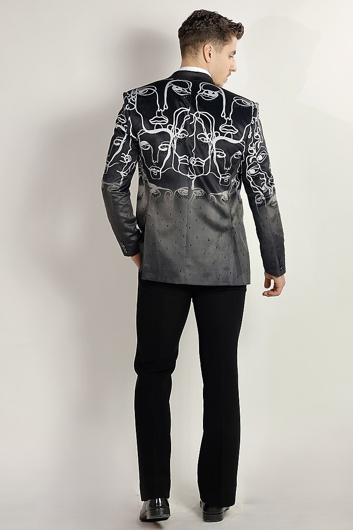 Grey-Black Suiting Fabric Cutdana Embroidered Tuxedo Set by Bharat Reshma at Pernia's Pop Up Shop