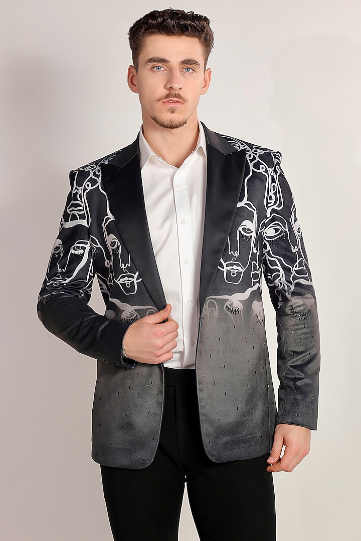 Grey-Black Suiting Fabric Cutdana Embroidered Tuxedo Set by Bharat Reshma at Pernia's Pop Up Shop