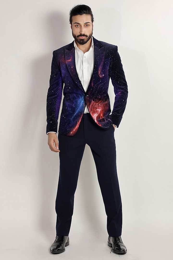 Blue Velvet Hand Painted Tuxedo Set by Bharat Reshma at Pernia's Pop Up Shop