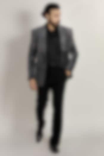 Grey Velvet Cutdana Embroidered Tuxedo Set by Bharat Reshma at Pernia's Pop Up Shop