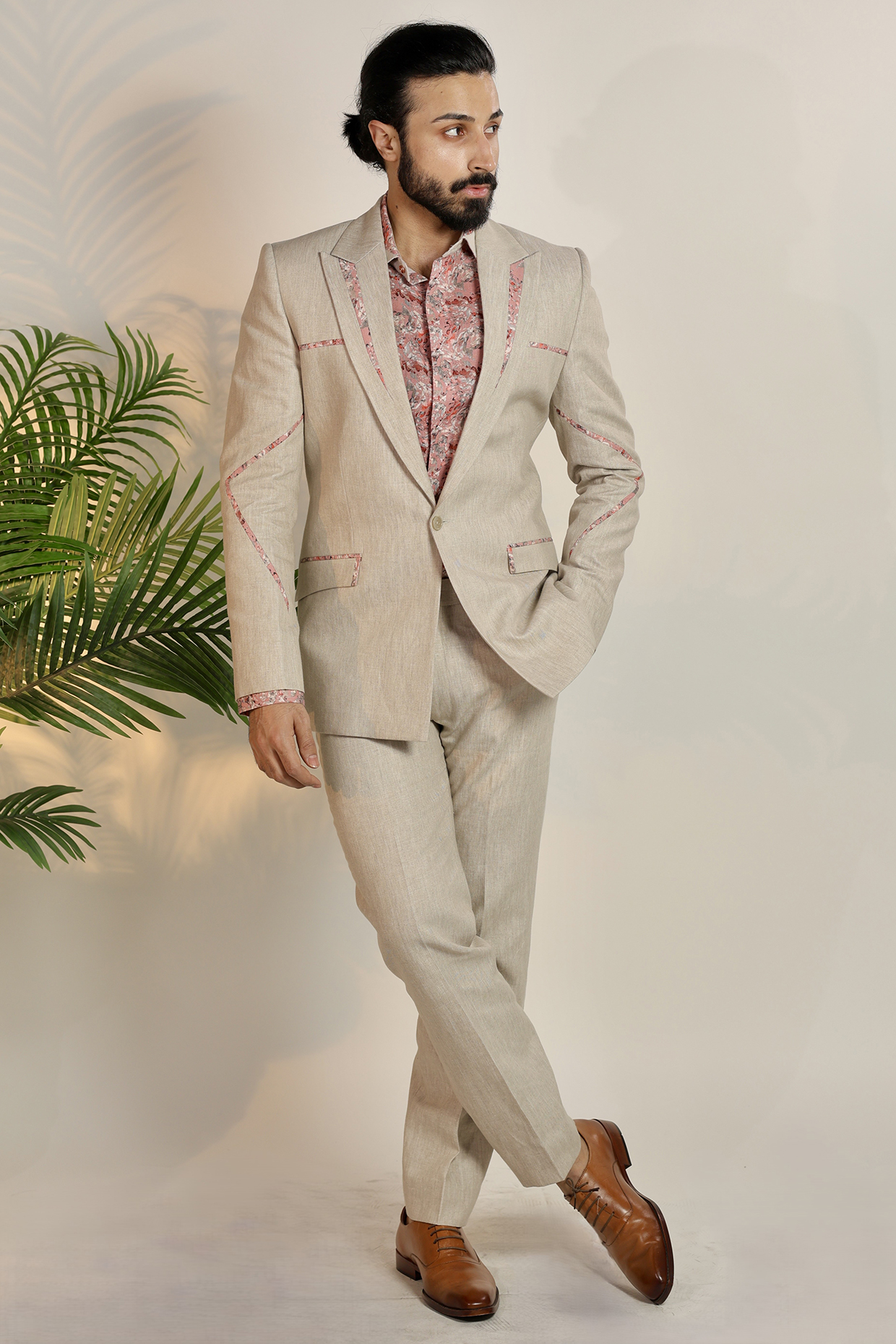Beige Linen Tuxedo Set by Bharat Reshma at Pernia's Pop Up Shop