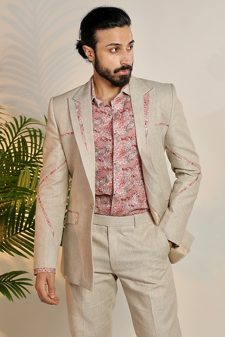 Beige Linen Tuxedo Set by Bharat Reshma at Pernia's Pop Up Shop