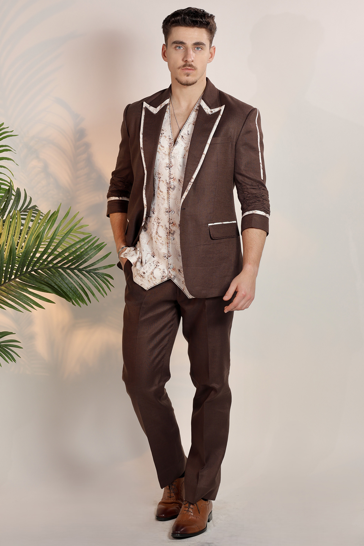 Brown Linen Handwork Tuxedo Set by Bharat Reshma