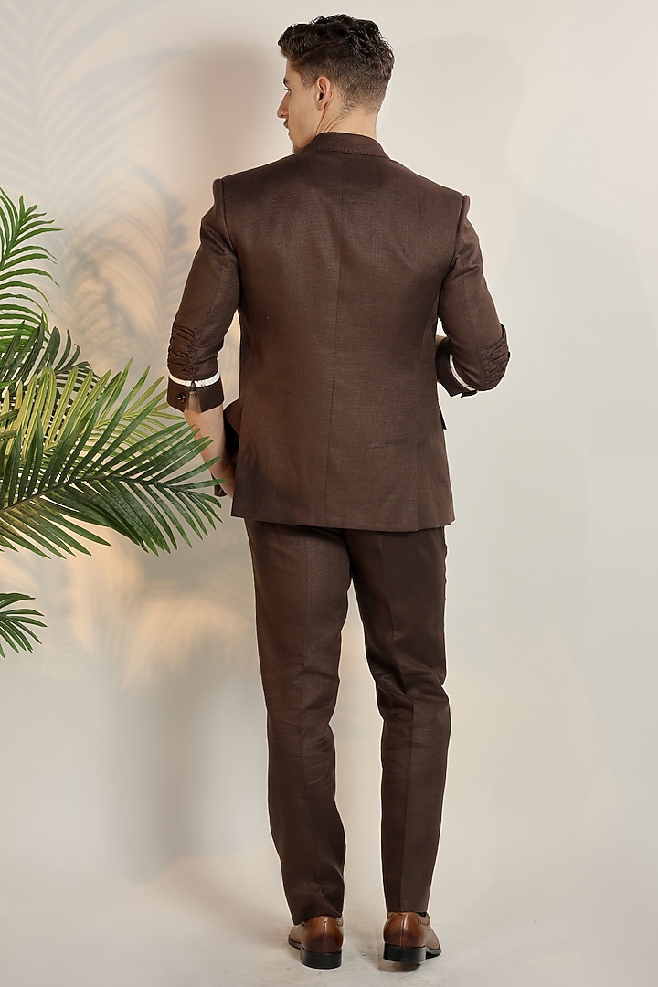 Brown Linen Handwork Tuxedo Set by Bharat Reshma at Pernia's Pop Up Shop