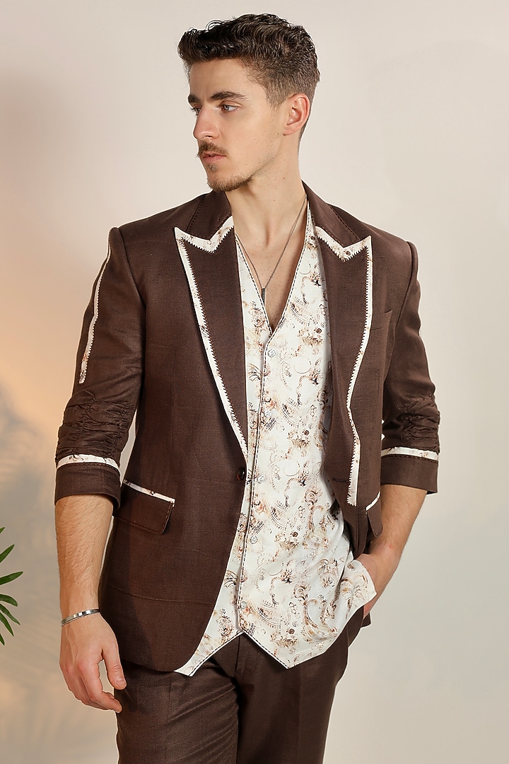Brown Linen Handwork Tuxedo Set by Bharat Reshma at Pernia's Pop Up Shop