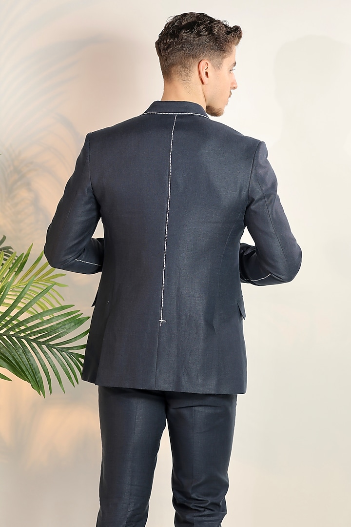Blue Linen Handwork Tuxedo Set by Bharat Reshma at Pernia's Pop Up Shop