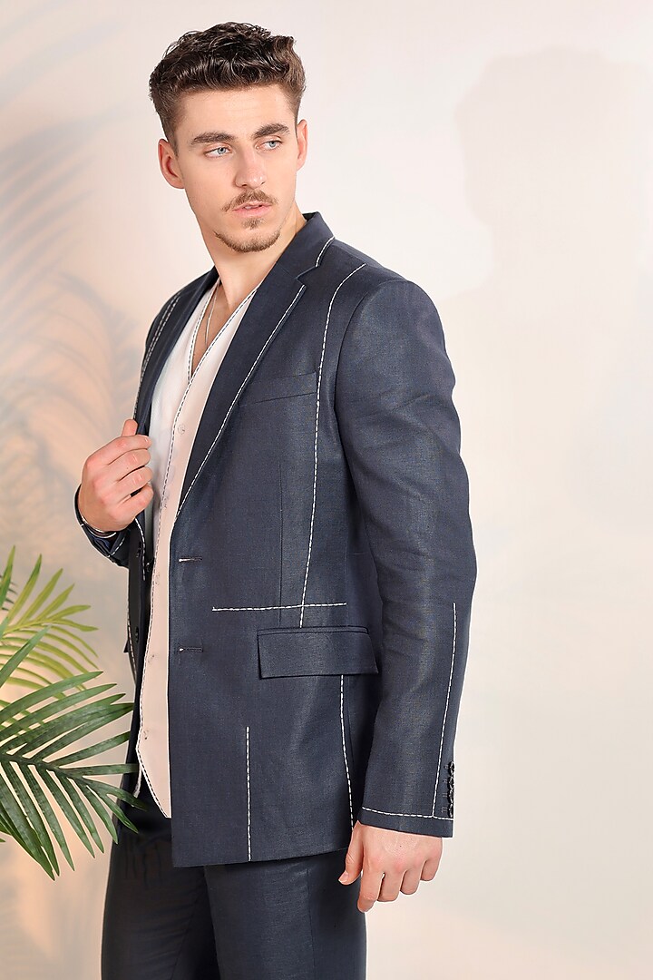 Blue Linen Handwork Tuxedo Set by Bharat Reshma at Pernia's Pop Up Shop