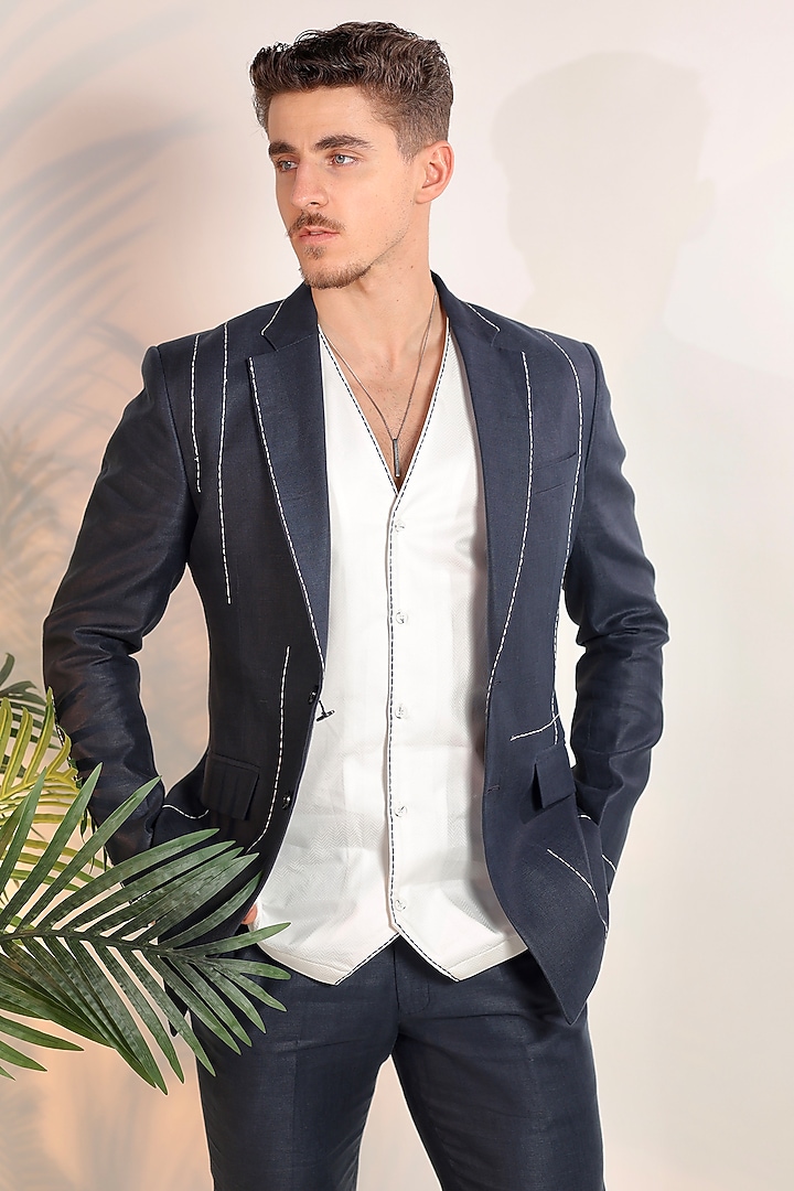 Blue Linen Handwork Tuxedo Set by Bharat Reshma at Pernia's Pop Up Shop