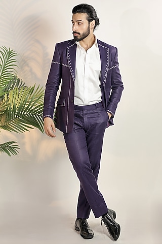 Purple Linen Tuxedo Set by Bharat Reshma