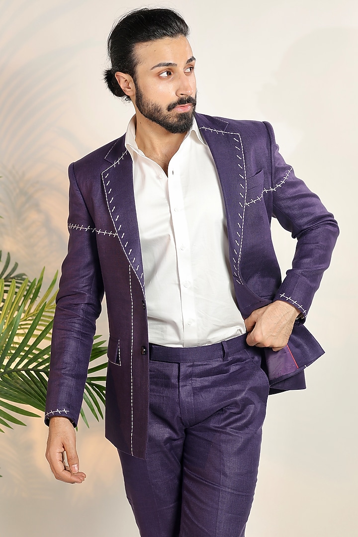 Purple Linen Tuxedo Set by Bharat Reshma at Pernia's Pop Up Shop