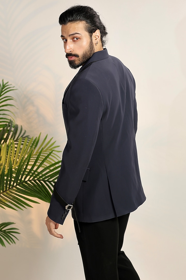 Navy Blue Magna Suiting Fabric Tuxedo Set by Bharat Reshma at Pernia's Pop Up Shop