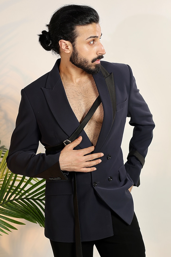 Navy Blue Magna Suiting Fabric Tuxedo Set by Bharat Reshma at Pernia's Pop Up Shop