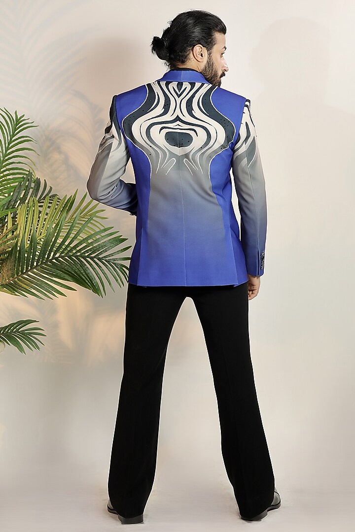 Blue Suiting Fabric Digital Printed Blazer Set by Bharat Reshma at Pernia's Pop Up Shop