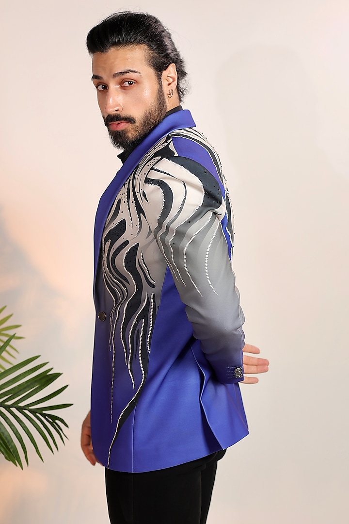 Blue Suiting Fabric Digital Printed Blazer Set by Bharat Reshma at Pernia's Pop Up Shop