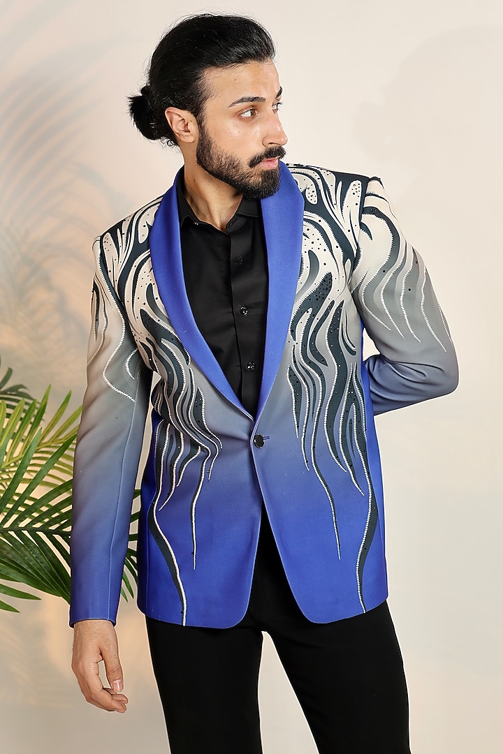 Blue Suiting Fabric Digital Printed Blazer Set by Bharat Reshma at Pernia's Pop Up Shop