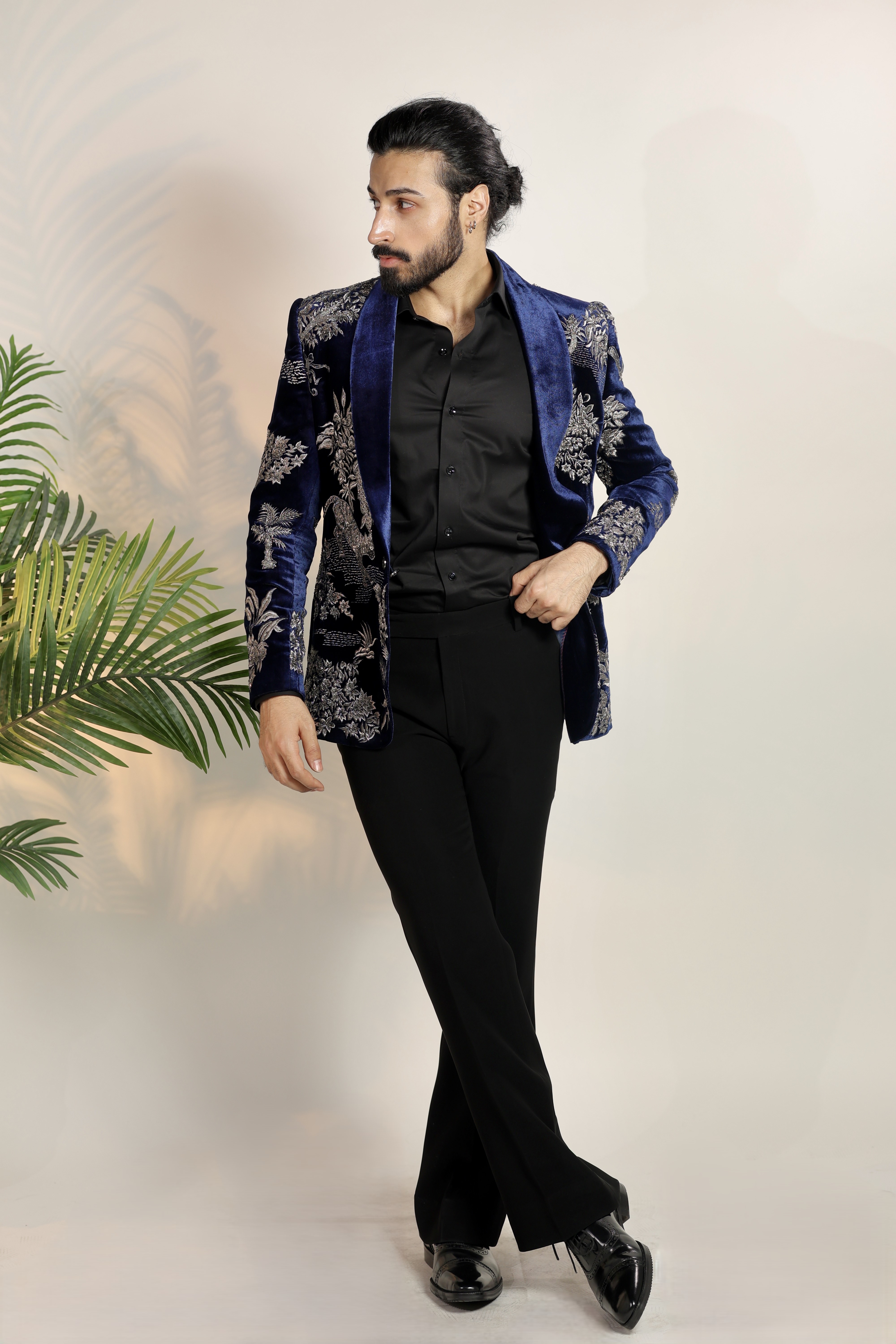 Blue Micro Velvet Cutdana Embellished Tuxedo Set by Bharat Reshma