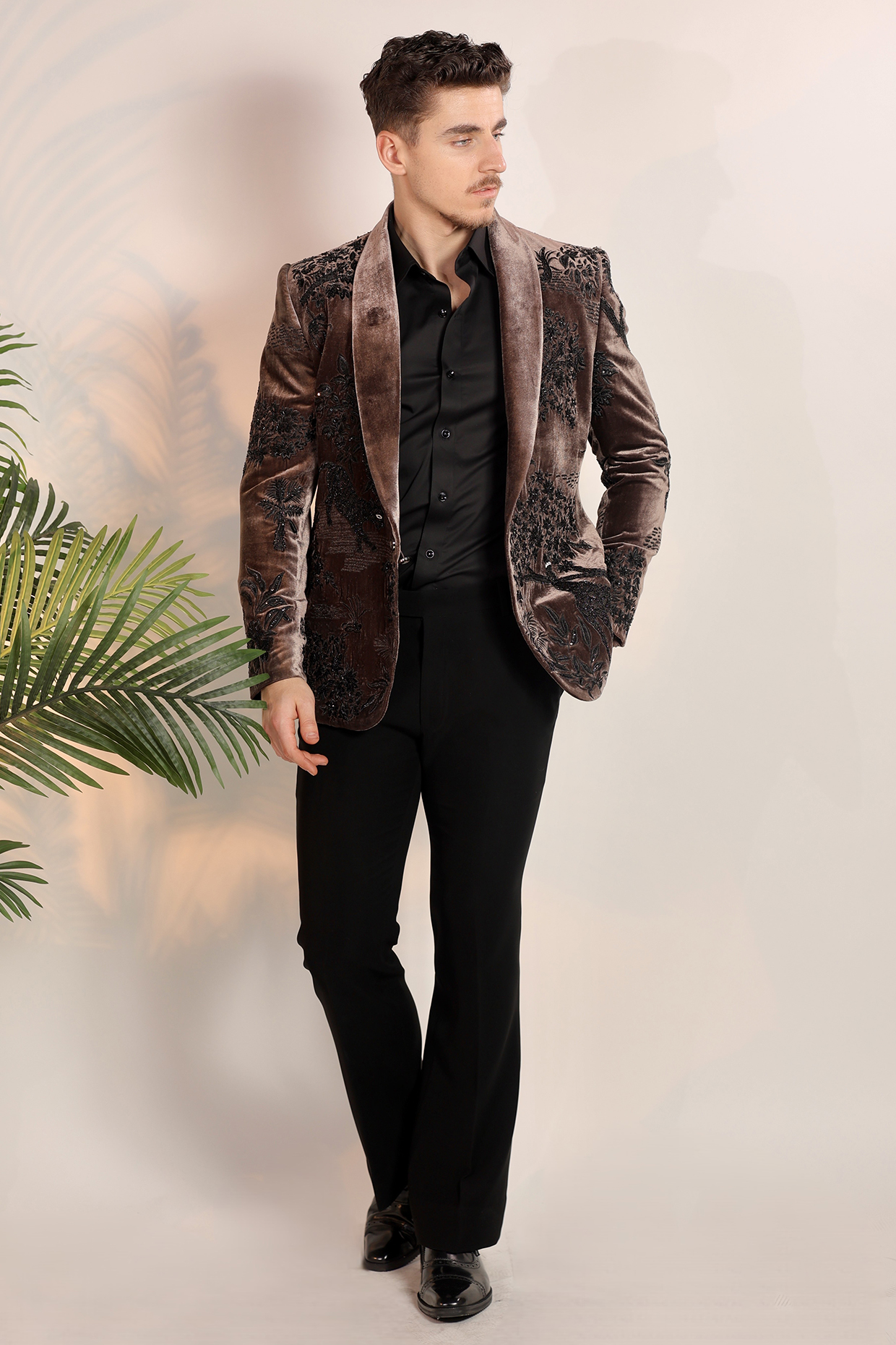 Brown Micro Velvet Cutdana Embellished Tuxedo Set by Bharat Reshma