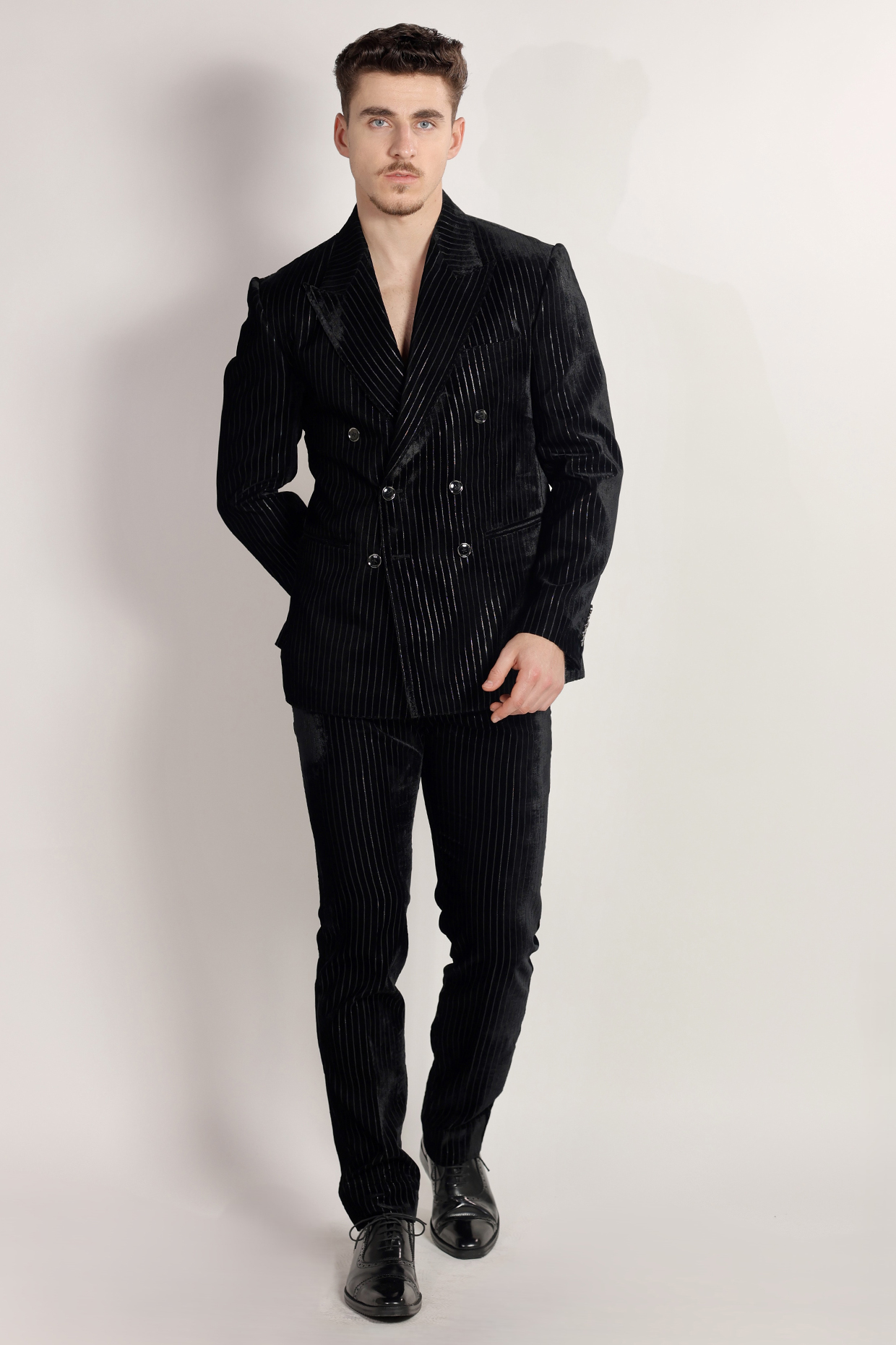 Black Micro Velvet Striped Tuxedo Set by Bharat Reshma