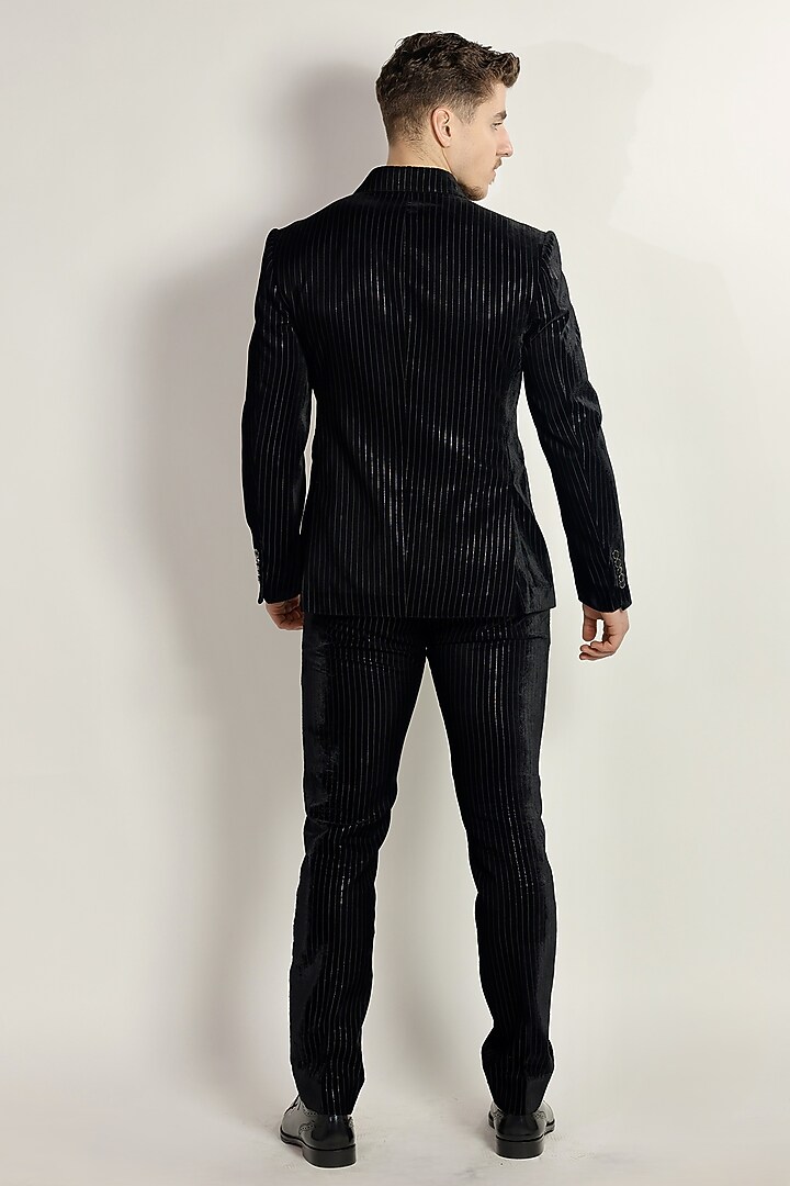 Black Micro Velvet Striped Tuxedo Set by Bharat Reshma at Pernia's Pop Up Shop