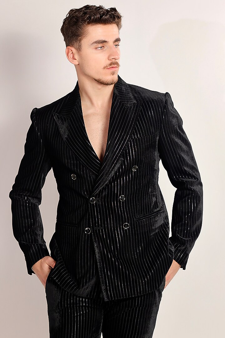 Black Micro Velvet Striped Tuxedo Set by Bharat Reshma at Pernia's Pop Up Shop