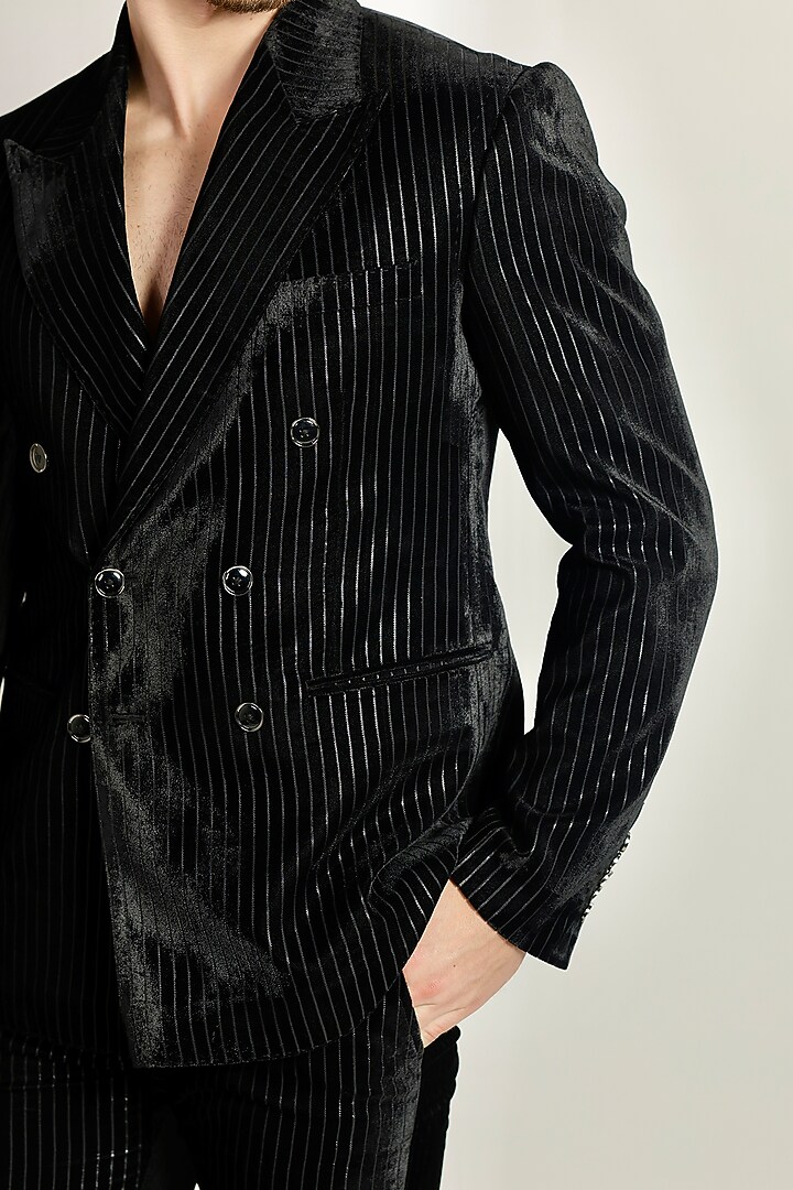 Black Micro Velvet Striped Tuxedo Set by Bharat Reshma at Pernia's Pop Up Shop