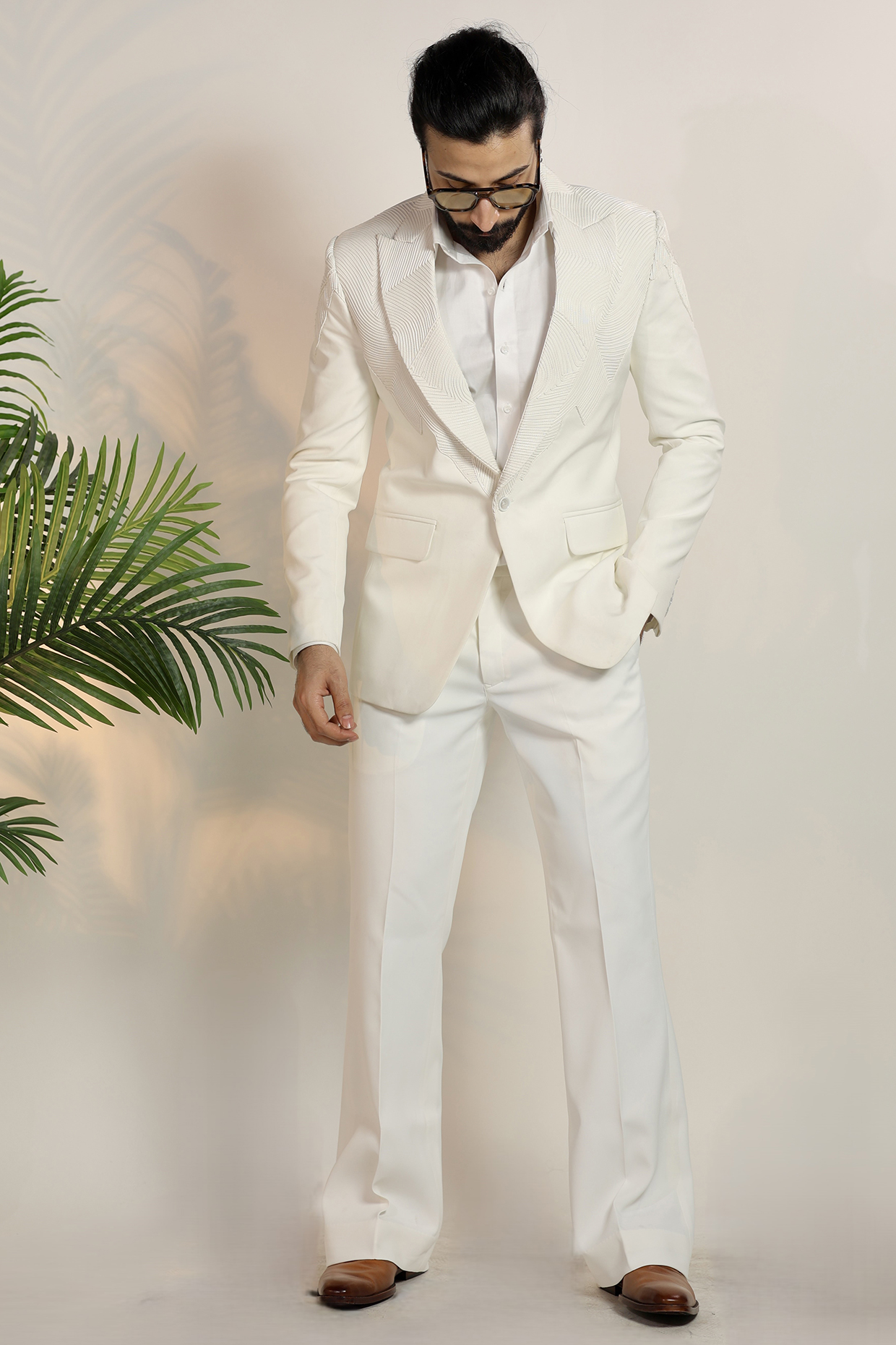 White Magna Suiting Fabric Tuxedo Set by Bharat Reshma