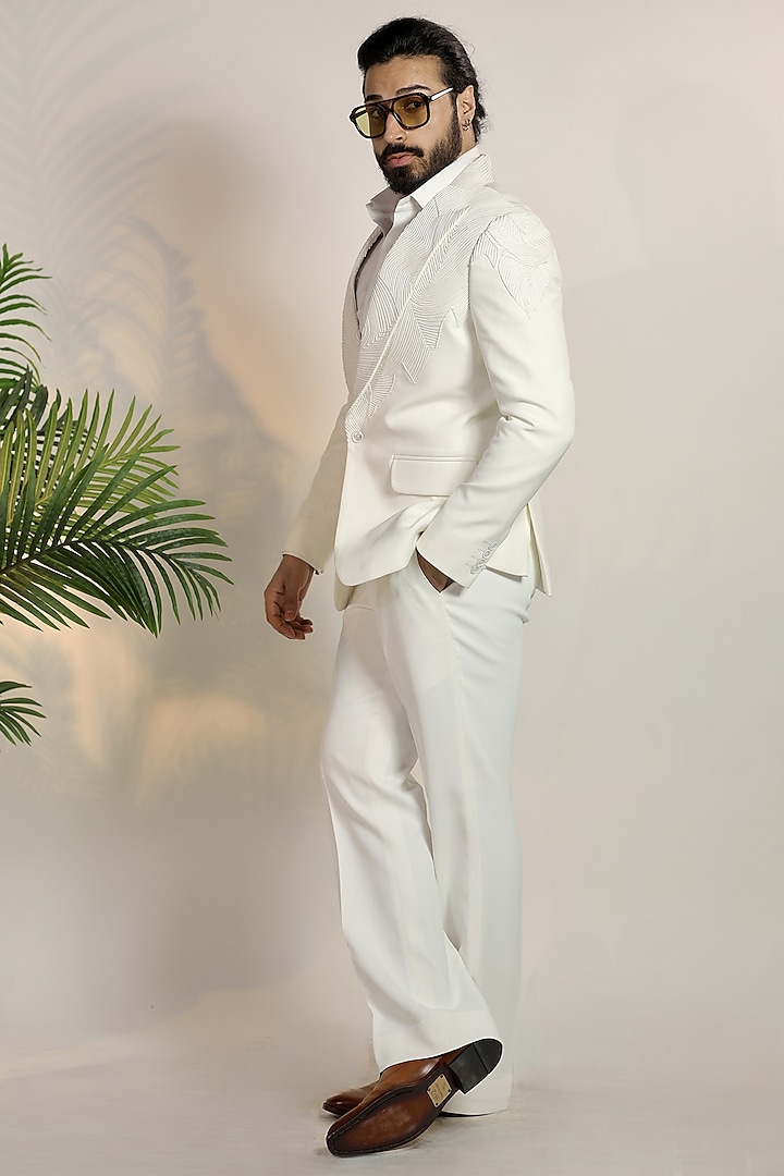 White Magna Suiting Fabric Tuxedo Set by Bharat Reshma at Pernia's Pop Up Shop
