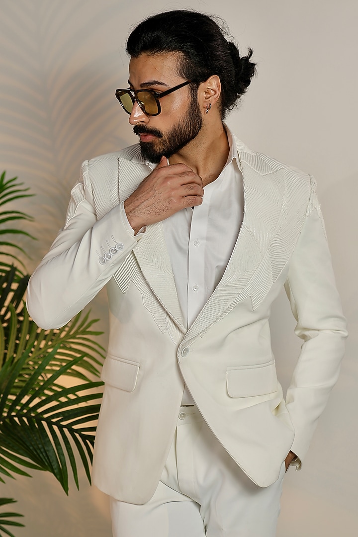 White Magna Suiting Fabric Tuxedo Set by Bharat Reshma at Pernia's Pop Up Shop