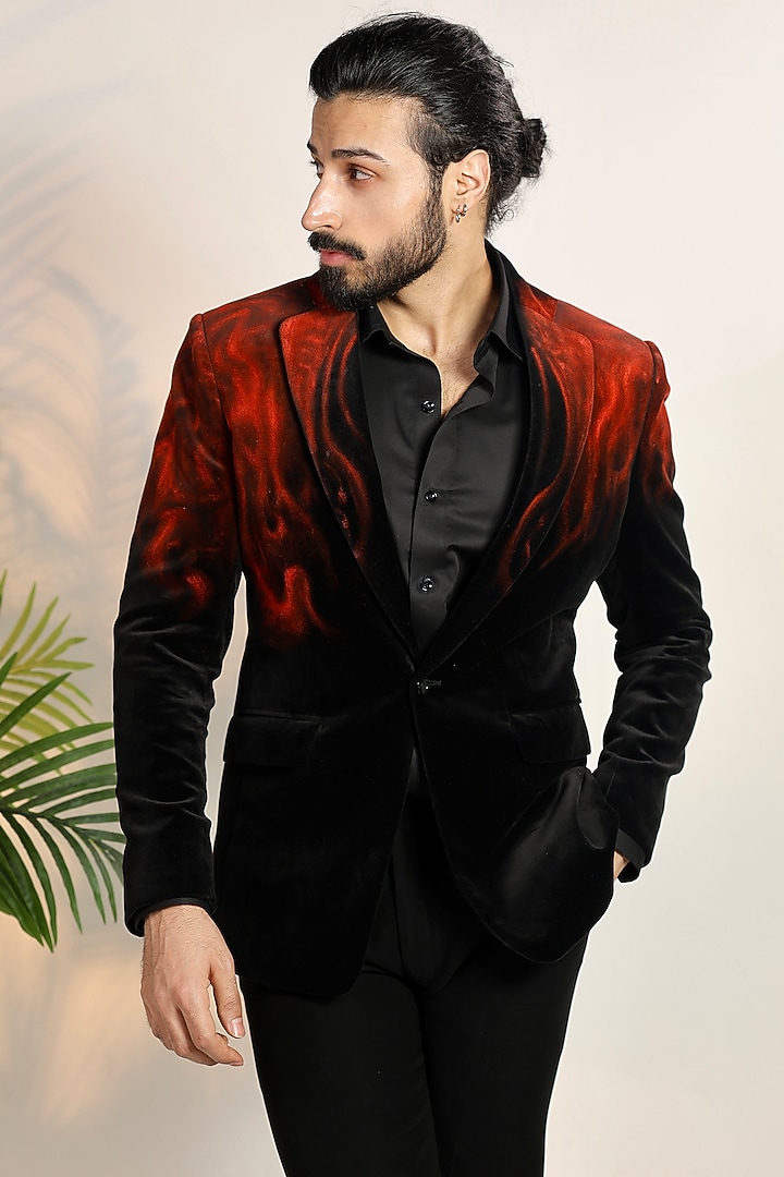 Black Velvet Hand Painted Tuxedo Set by Bharat Reshma at Pernia's Pop Up Shop