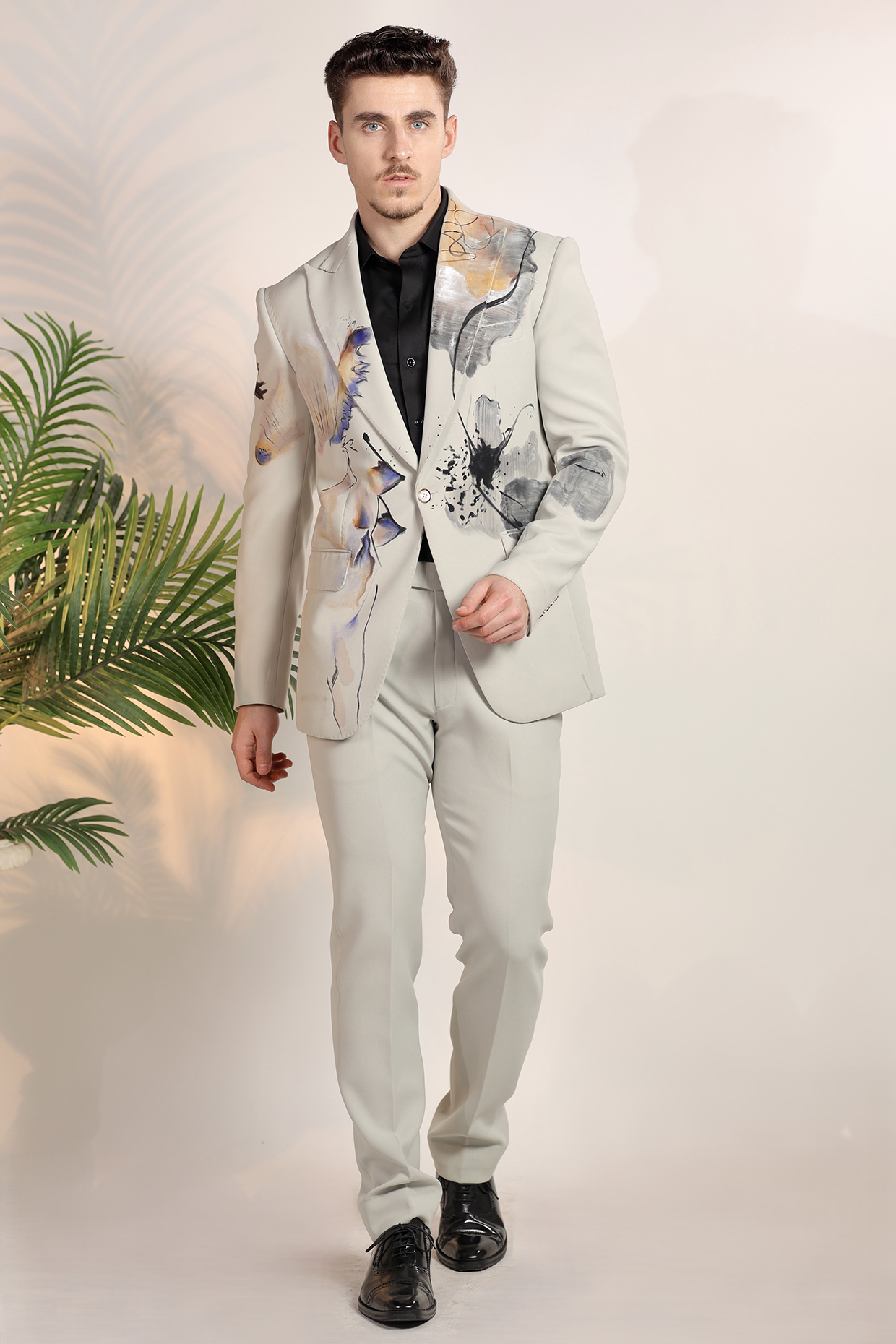 Off-White Magna Suiting Fabric Hand Painted Blazer Set by Bharat Reshma