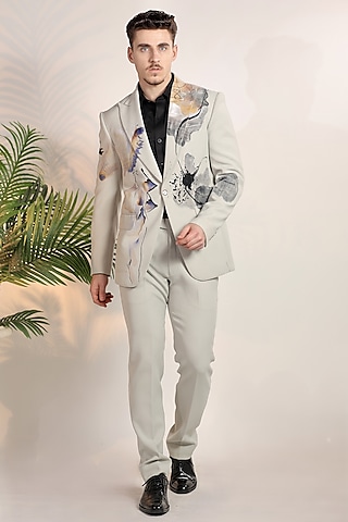 Off-White Magna Suiting Fabric Hand Painted Blazer Set by Bharat Reshma