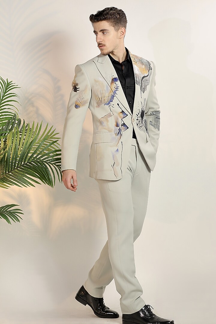 Off-White Magna Suiting Fabric Hand Painted Blazer Set by Bharat Reshma at Pernia's Pop Up Shop