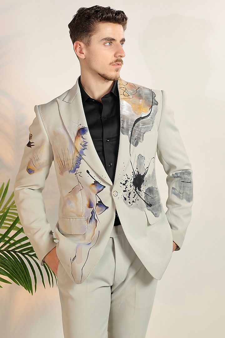 Off-White Magna Suiting Fabric Hand Painted Blazer Set by Bharat Reshma at Pernia's Pop Up Shop