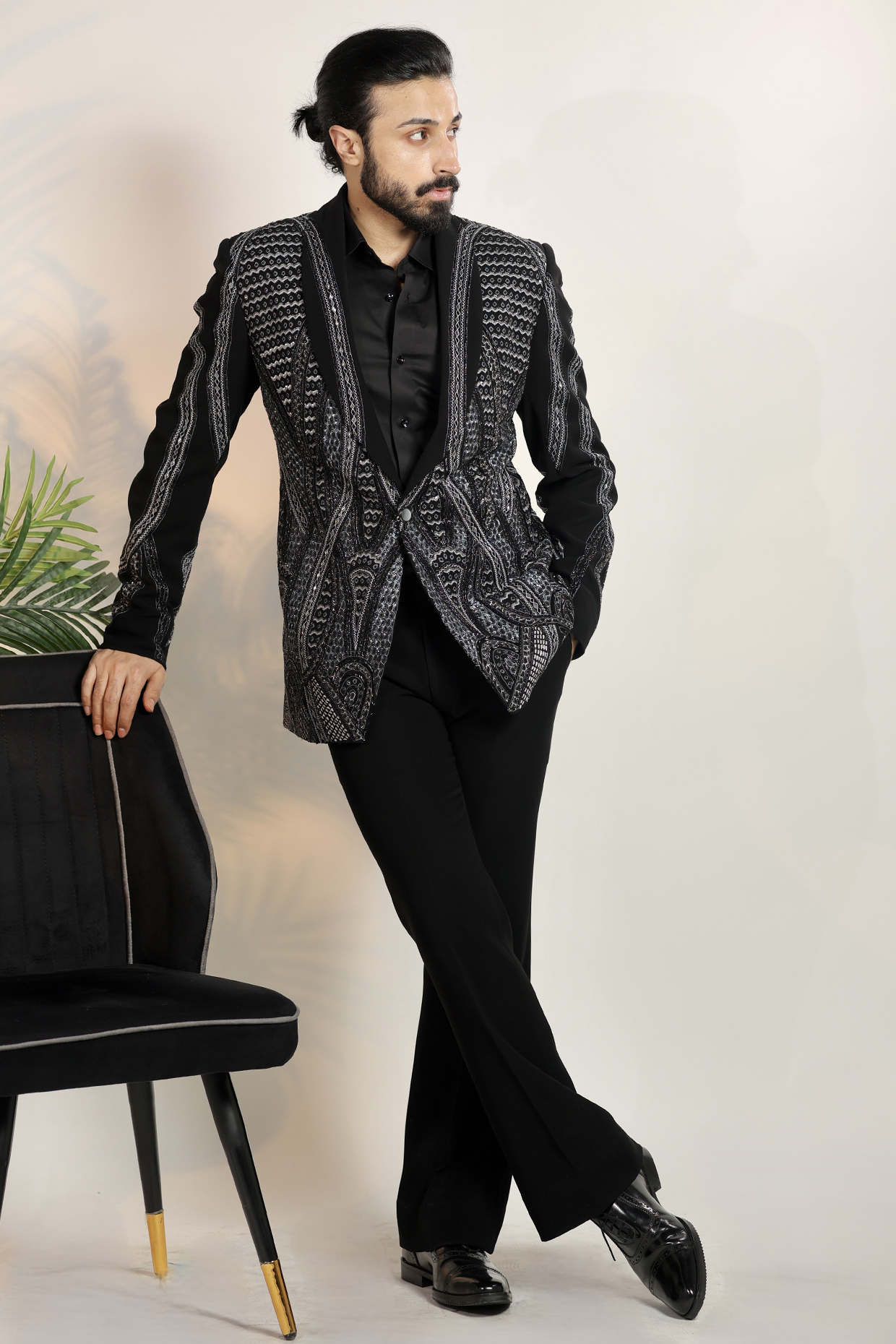 Black Magna Suiting Fabric Cutdana Embellished Tuxedo Set by Bharat Reshma